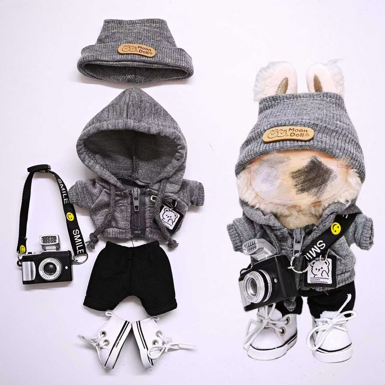 Gray-style knitted suit for Labubu doll clothes, universal for the 1st, 2nd and 3rd generations.