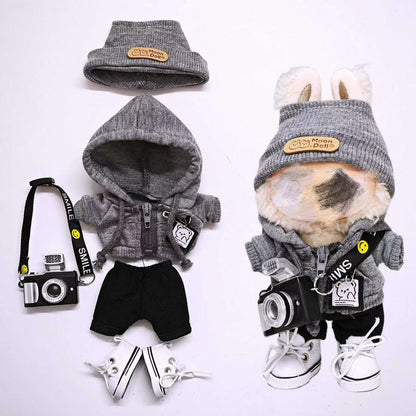 Gray-style knitted suit for Labubu doll clothes, universal for the 1st, 2nd and 3rd generations.